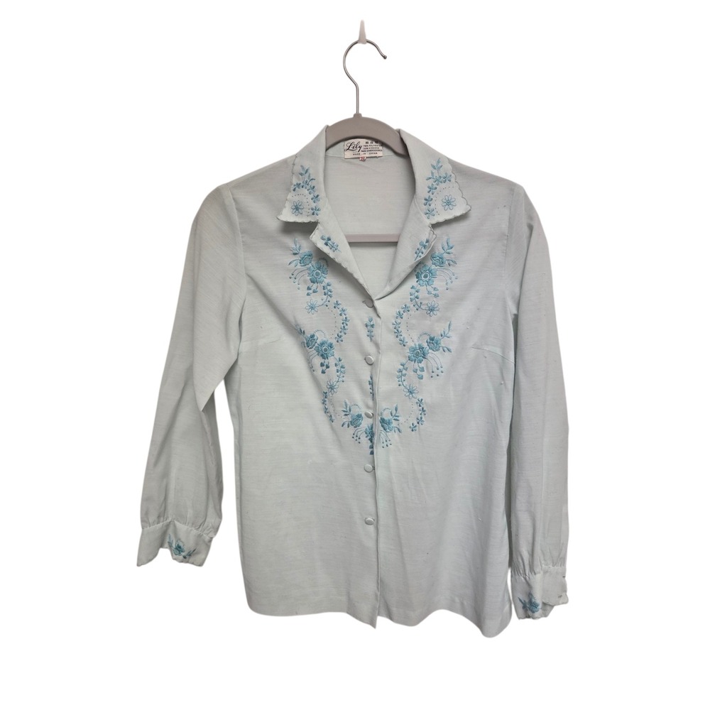 Lily Blue Floral Embroidered Light Blue‎ Button Up Shirt Womens Size 34